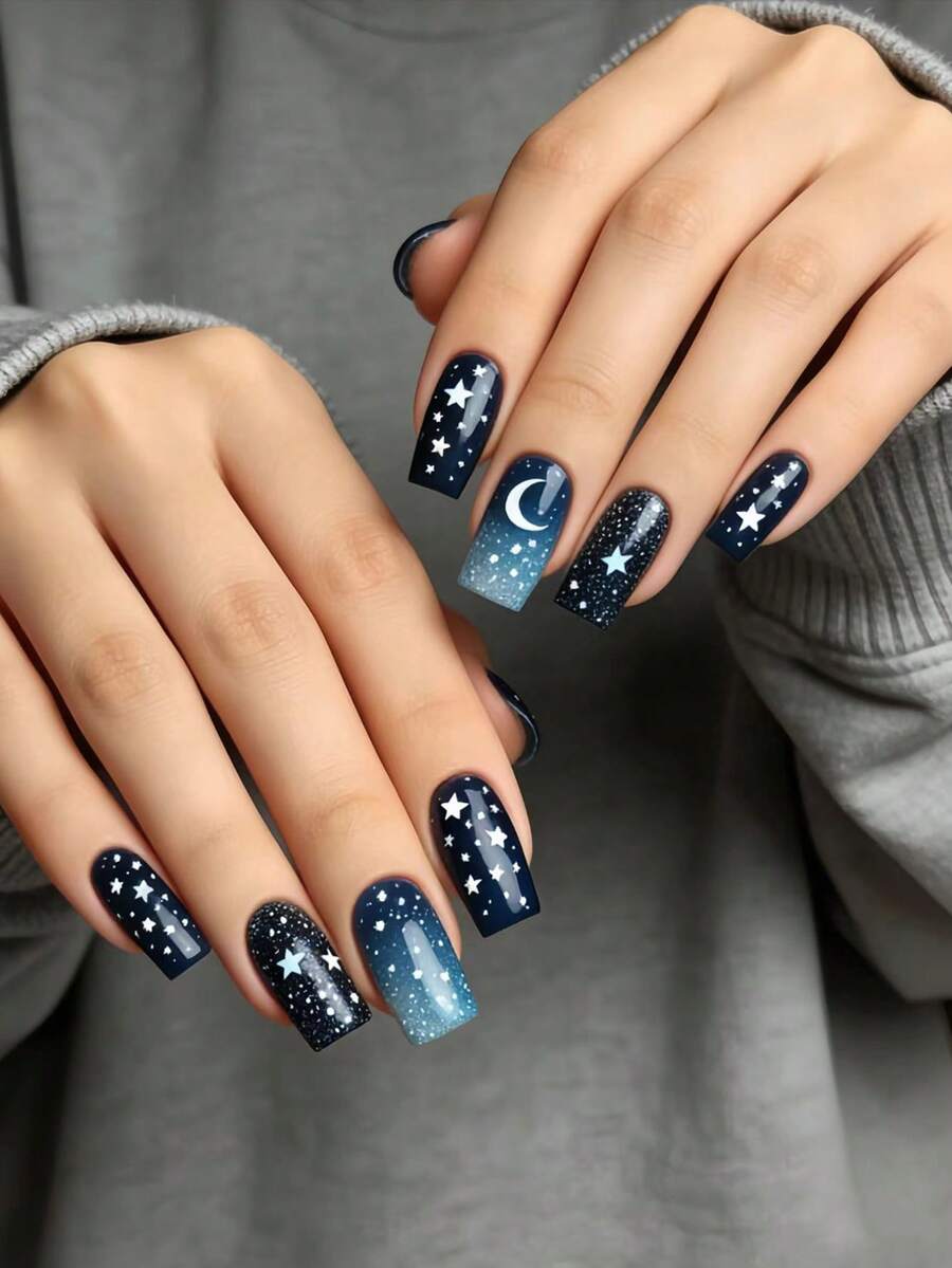 Elevate Your Style With 24 Pcs Medium Square Press On Nails Dreamy Atmosphere Starry Sky White Stars White Moon Light Blue Stars Dark Blue Faux Nails Romantic Galaxy Ethereal Mist Blue Stars White Irregular Shapes Navy Blue Faux Nails Full Cover Minimalist Style For Women Girls Daily Wear Includes 1 Sheet Adhesive Tabs & 1 Pc Mini File Strip Jelly Gel Random Shipment - Navy Blue - View 1