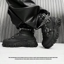 3pcs Men's Fashionable Thick Sole Elevated Motorcycle Boots, Solid Color Casual Punk Preppy Style Outdoor, Rivet Decor Removable & Versatile, Suitable For All Seasons