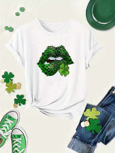 100% Cotton Women's Leopard Lips & Four-Leaf Clover Graphic Print T-Shirt - Short Sleeve Crew Neck Casual Top For Summer & Spring, St. Patrick's Day Inspired Design, Machine Washable Regular Fit Tee, Festive Clothing, Comfortable Fit Shirt, Spring Fashion, Durable Construction, Spring Collection