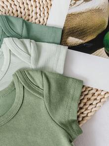 Set de 3 monos informales y cómodos con cuello redondo y manga corta, de moda y de diversos colores, para bebé niño - Verde - Ver 5