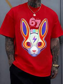 Multicolored Rabbit Head With Vibrant Ears, Hypnotic Eyes, And A Lightning Bolt On Its Forehead Conveying Youthful Energy, Featuring The Number 67 And The Word "Men's T-Shirt," 220g, 100% Cotton - 紅色 - 查看 8