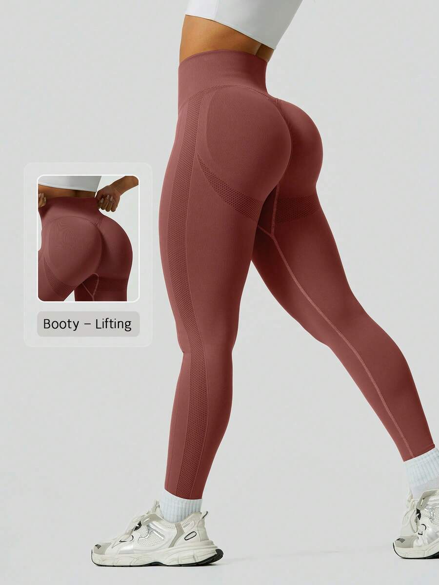 NcmRyu 1件装女士无缝罗纹弹力腰收腹高腰提臀运动紧身裤 - 棕色 - 查看 1