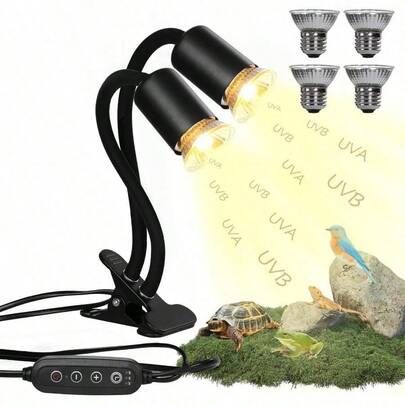 Lámpara para Tortuga Lámpara de Calor para Reptiles con Interruptor Regulable 4 Bombillas 25W/50W Faros doblesnegro