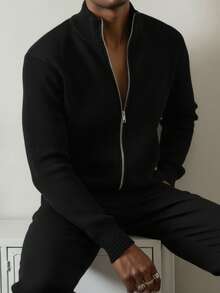 Herren modischer Reißverschluss-Strickjacke, Herbst/Winter - Schwarz - Übersicht 2