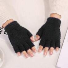 1 Pair Women's Diamond Hollow Out Knitted Fingerless Gloves, Fashion Versatile Warm Windproof Mittens For Autumn/Winter - Grey - View 2