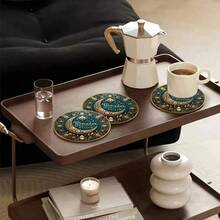 6件套复古曼陀罗星月图案杯垫，绿色主题，圆形木质饮料杯垫/餐垫，耐热防滑，适用于家庭厨房和咖啡馆，节日派对装饰礼品，斋月庆祝活动装饰的理想之选 | 精致工艺，斋月装饰品 - （非电动） - 多色C - 查看 7