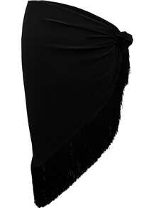 一件式户外舞蹈裙，黑色流苏三角围巾式连体裙，成人女士系带弗拉明戈裙，拉丁舞服装腰部裹裙 - 黑色 - 查看 5