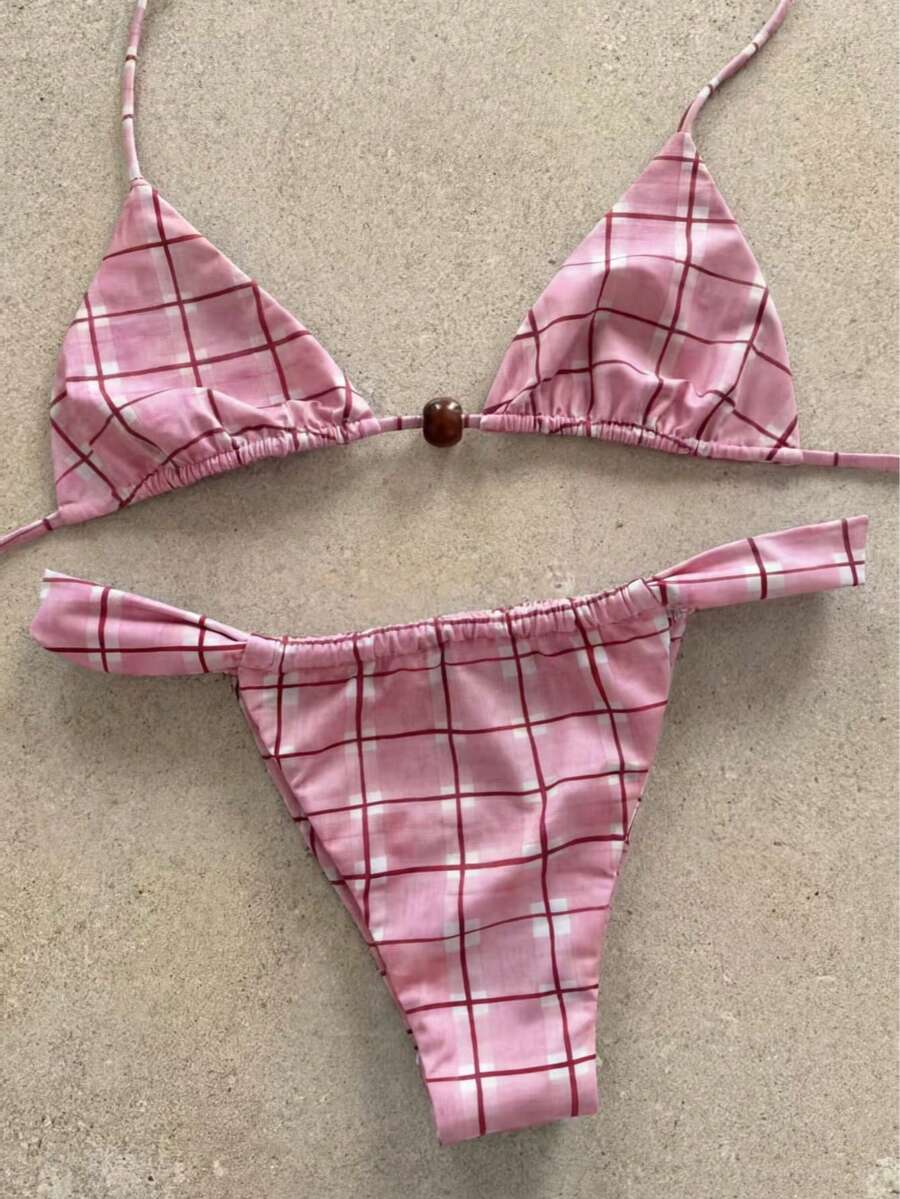 女士粉色格子细条纹比基尼，金属扣装饰，性感沙滩度假两件套泳衣，2026春夏款 - 彩色 - 查看 1