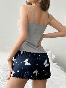 2pcs Women's Comfortable Spaghetti Strap Shorts Pajama Set With Bowknot, Sexy Loungewear - Grey - View 3