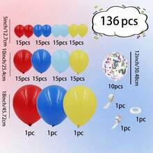 Bộ 136 bóng bay trang trí chủ đề rạp xiếc, bao gồm bóng bay cao su màu đỏ, vàng, xanh đậm, xanh nhạt và bóng bay kim tuyến. Hoàn hảo cho các bữa tiệc sinh nhật, tiệc mừng em bé, trang trí ngoài trời và các bữa tiệc lễ hội theo chủ đề rạp xiếc. - Nhiều màu - Xem 3