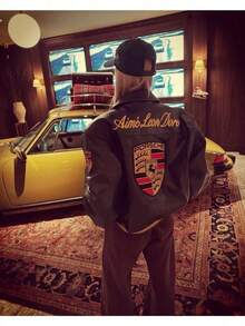 Racing Jacket Car Locomotive Heavy Micro-Chapter Embroidery Men's And Women's Retro Leather Jacket - màu đen - Xem 5
