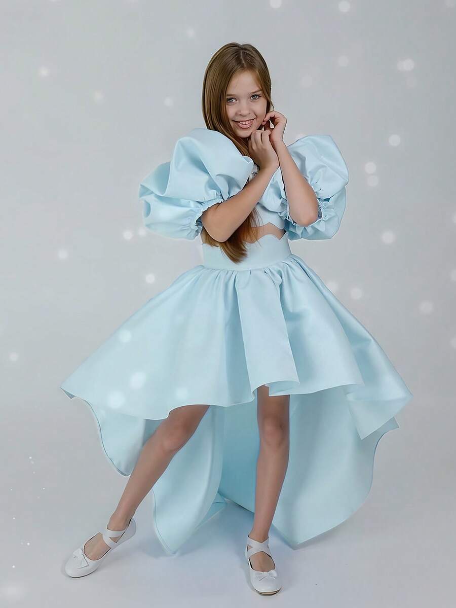 少女浅蓝色泡泡袖拖尾优雅节日派对礼服套装，适合女孩生日派对、情人节礼物、化装舞会礼服、花童婚礼伴娘礼服、学校演出节日庆典礼服，两件套 - 淺藍色 - 查看 1