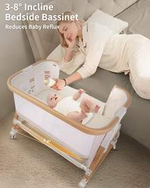 4 In 1 Baby Baby Bassinet Bedside Sleeper (Cradle, Bedside Crib, Baby Bassinet With Wheels, Baby Crib With Mosquito Net) W/ Adjustable 7 Heights & Storage Basket, Breathable Mesh Rocking Bassinet For Newborn Infant Toddler, Beige - Màu be - Xem 2