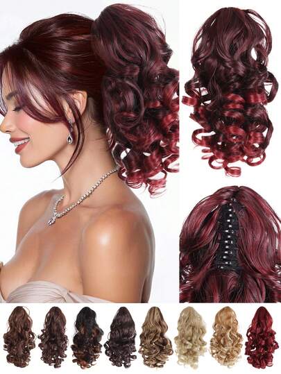 12英寸时尚短卷马尾假发，合成耐热纤维假发，大夹式罗马卷短马尾假发，接发假发，适合女性日常佩戴和度假佩戴。