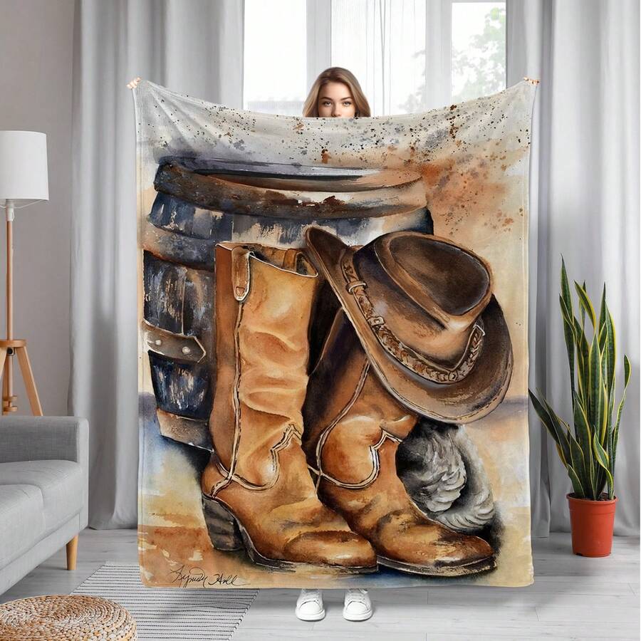 Retro Western Cowboy Theme, Cowboy Boots, Cowboy Hats, Cacti, Feather Design Patterns, Modern Home Style,Super Soft Flannel Printed  Blanket,As Birthday Gifts, Family, Wedding, Souvenir Blankets, Polyester Blankets Suitable For All Seasons, Washable, Machine Washable, Lightweight, Breathable, Comfortable, Warm, Unique, 280gsm For Him, Her Personalized Ideal Gifts For Her, Him, Family, Boyfriend, Girlfriend, Father, Family, Mother, Lover, Daughter, Son, Grandfather, Grandmother, Teacher,Doctor, Nurse,Friend, Classmate, Pet.Perfect Nap, Camping, Travel, Home, Daily Life, Office Decoration, Birthday, Anniversary, Valentine's Day, Thanksgiving, Graduation Season,Christmas, Halloween, Mother's Day, Father's Day, Wedding, New Year Gifts ,Sofa,Bed,Car,Bedroom,Living Room,Office,  Outdoor Camping, Beach,Wall Decoration - 多色12 - 查看 1
