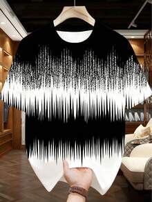 2pcs/Set Summer Men's Big & Tall Plus Size Set, Black & White Gradient Ripple Print Top And Shorts, Fashionable High Street Casual Outfit - Black and White - View 3