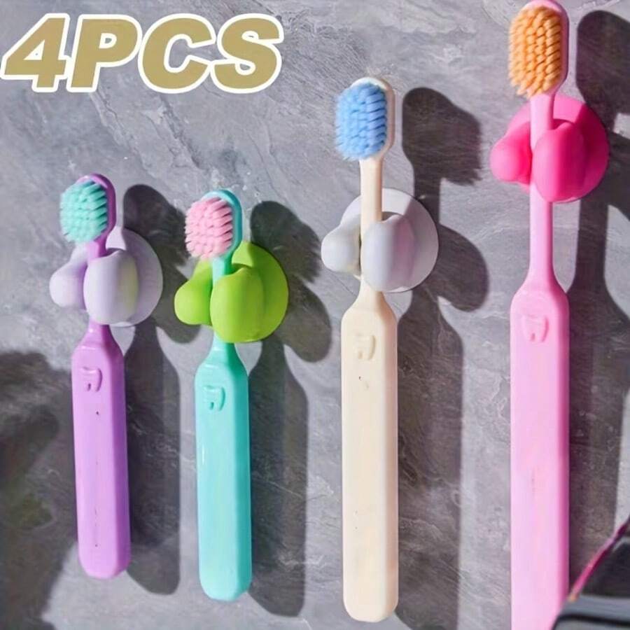 4pcs Random Color Toothbrush Holder With Suction Cup, Drill-Free Wall Mounted Bathroom Storage Organizer, Detachable Electric Toothbrush Hanging Rack - Multicolor Random - View 1
