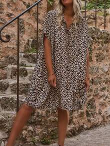 Plus Size Women's Leopard Print Button Front Dress, Leopard V-Neck Mini Dress, Short Sleeve Casual Leopard Print Dress, Spring/Summer Vacation Elegant - Brown - View 4