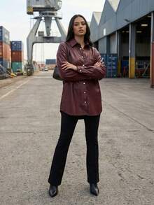 Grenj Fashion Black Oversized Pocket Detail Leather Shirt, Solid Color Casual Everyday Front Button Shirt - Burgundy - View 6