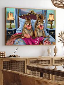 1幅披萨之夜艺术版画，超现实负鼠在床上吃披萨，松鼠在床上吃甜甜圈艺术版画，复古古怪动物墙饰，节日礼物，卧室装饰，客厅装饰，办公室装饰，厨房装饰，墙面艺术，墙面装饰，家居装饰，房间装饰，帆布墙画，海报，带框墙画，可选画框 - 彩色 - 查看 3