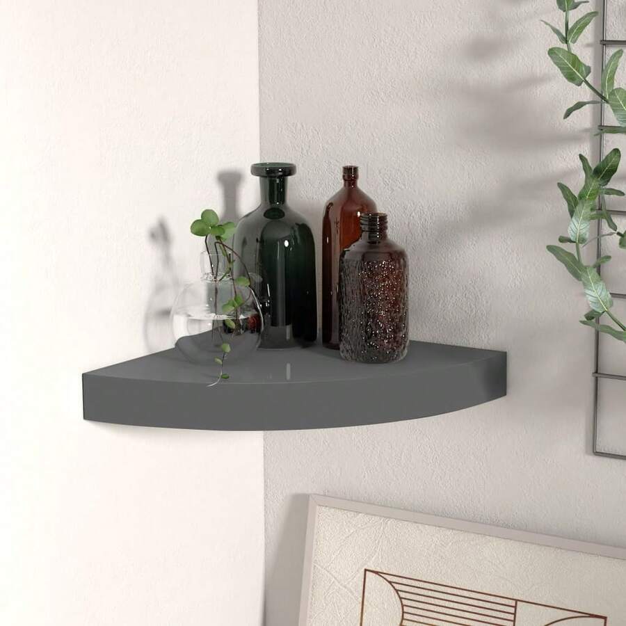 Larryhot Estante flotante de esquina gris con brillo MDF 25x25x3,8 cm, Fácil de montar, elegante y hermoso, y conveniente para almacenar artículos, es una opción ideal para el almacenamiento y la decoración del hogar. - Gris - Ver 1