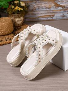 Women's New Beige Thick-Sole Rivet Sandals, Slip-On Beach Style Suitable For Vacation, Beach, Leisure Travel - Beige - View 6