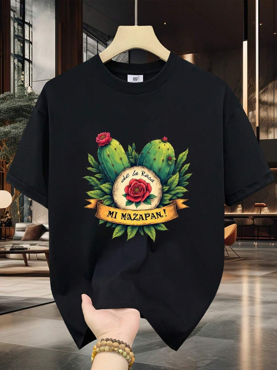 Camiseta de Algodón 100% para Hombre - Manga Corta, Cuello Redondo, Estampado Digital, Cómoda para Todas las Estaciones, Lavable a Máquina, Ideal para Salidas Diarias, Cuello Redondo, Diseño Circular, Camiseta Casual de Verano T-shirt Vibrant abstract art featuring a neon green and yellow zigzag line with a colorful rainbow circle on - Negro - Ver 1