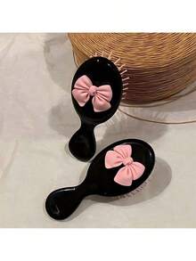 1pc Cute Cartoon Pink Bow Hair Comb With Soft Pad And Mini Soft Massage Brush, Suitable For Girls, Can Be Used As Hair Comb, Brush, Hair Styling Tool, Hair Product And Accessory, Applicable For Barbershop, Beauty Salon, Back To School Season, Travel Vacation, Etc., Serves As Hair Accessory, Hair Comb, Edge Brush, Detangling Brush, Back Brush, Etc. - Black - View 2