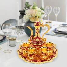Aohuada Turkish Style Zinc Alloy Tea Set, 1 Teapot & 6 Cups - Rustproof, Heat-Resistant, Durable Tea Cups Set For Home, Restaurant, Hotel, Office, Tea House - Red Decorative Tea Ware Set - 金色 - 查看 3