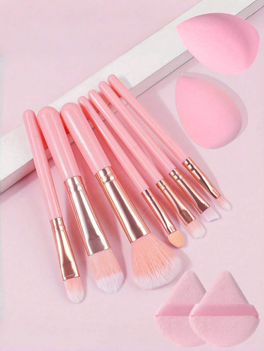 11pcs Beginner Makeup Brush Set, 7pcs Soft Makeup Brushes, Wet & Dry Makeup Sponge, Multi-Functional Powder Puff, Suitable For Face, Full Set Colorful Makeup Brushes Including Contour Brush, Blush Brush, Eye Blending Brush, Eye Shadow Brush, Refreshing Hands, Universal Daily Makeup Tools, Suitable As Gift For Women - 粉色 - 查看 1