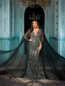 Đầm dạ hội dáng đuôi cá sang trọng cổ chữ V sâu phối màu tương phản dành cho nữ cỡ lớn, đính sequin và tay áo choàng, thích hợp cho đám cưới, tiệc mùa xuân. - Màu xanh lá cây đậm - Xem 5