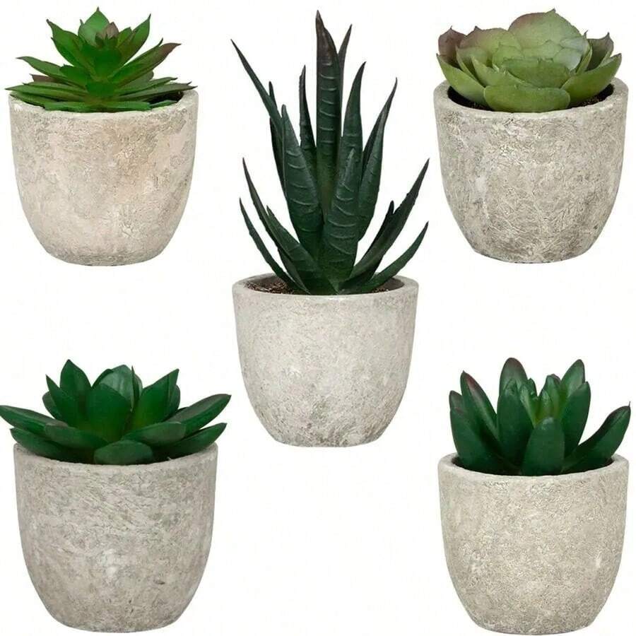 1 set (5 pots, 3 pots ou 2 pots) de plantes succulentes artificielles, comprenant de petites plantes et pots factices, convenant à la décoration intérieure de la maison, du bureau, de la salle de bain et de la chambre, avec de l'eucalyptus en plastique et de l'herbe de blé miniature, idéal pour la décoration de plantes artificielles de bureau - Vert - Voir 1
