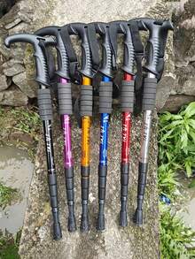 超轻可调节登山杖，符合人体工学的T型手柄和减震系统 - 耐用铝合金材质，握感舒适，适合徒步旅行、远足、散步和辅助老人；耐用的徒步配件；户外步行辅助工具 - 彩色 - 查看 6