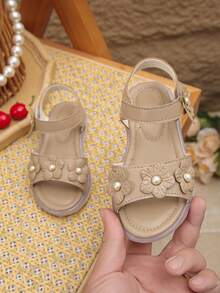 1 Pair Girls' Casual Summer Open Toe Flower & Pearl Decor Hook And Loop Soft Bottom Flat Sandals - Apricot - View 9