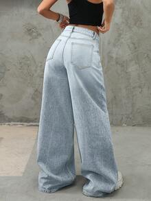 Calça Jeans Casual Feminino de Perna Larga, com Zíper e Bolsos com Botão, Comprimento Total, Tecido Sem Elasticidade - Azul - Visão 6