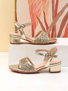 夏季新款玛丽珍高跟凉鞋、女童高跟舞蹈鞋、学生演出及日常活动凉鞋、婚鞋 - 金色 - 查看 4