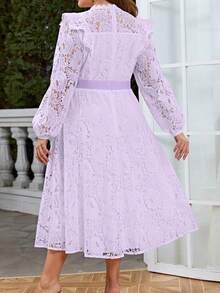 Simplee Gaun Lengan Panjang Leher Bulat Berenda Elegan Ukuran Plus untuk Wanita, Cocok untuk Pesta dan Kencan, Musim Semi/Panas - Purple - View 6