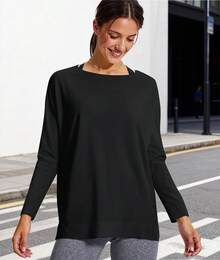 VIOPY Playera Deportiva Manga Larga Mujer Camisetas Deportivas Mujer de Entrenamiento Oversize con Pima Algodón Cuello Barco Blusas Deportivos Secado Rápido para Yoga Gym Yoga y Uso Diario - Blanco - Ver 3