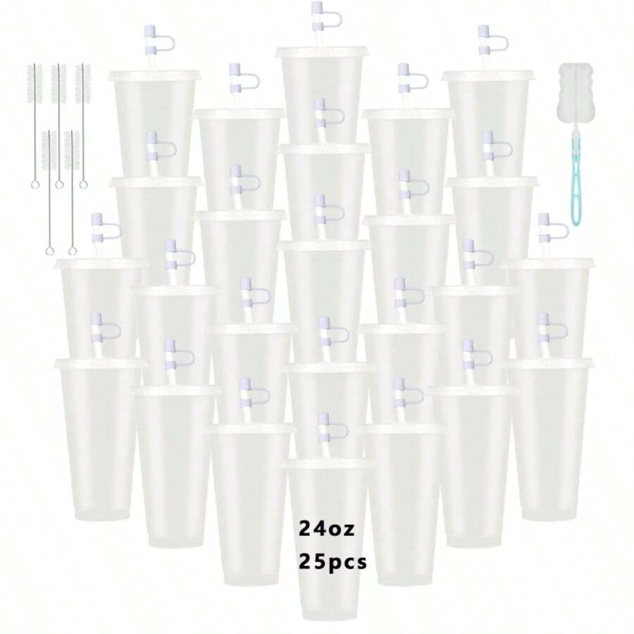 KAFUFU 25-Pack 24oz Pink Tumblers With Dust Caps - Reusable Drink Bottles & Party Cups For Coffee, Car Travel | Valentine's Day Gift Set, Includes Straws & Brushes, Bulk Orders Welcome (25, White) - 白色 - 查看 1