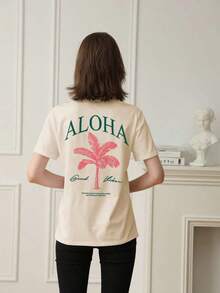 2026 Summer Shirts Women's New Palm Tree Slogan Print Casual Round Neck Short Sleeve T-Shirt, Fashionable Resort Style, Your Daily Essential Item. Gr - 杏色 - 查看 12