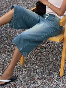 Jeans cortos de estilo retro azul con múltiples botones, pantalones vaqueros capri rectos y sueltos de estilo informal, estilo boyfriend, para verano - Azul - Ver 4