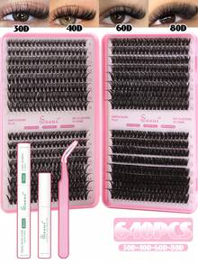 640Pcs Individual Lash Clusters, 30D 40D 60D 80D Lash Clusters Eyelash Extension Kit, 9-16mm Mix Individual Lashes Kit With Lash Bond And Seal, Remove, Lash Tweezers, Novice-Friendly False Eyelashes, Creating 3D Stereoscopic Eye Makeup, Eyelash Extension Kit DIY At Home False Eyelashes - Black - View 10