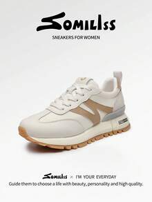 somiliss 1 Paar Damen Lässig Sportschuhe, Schnürung vorne, Leder & Stoff Patchwork, leicht & bequem flache Outdoor Walkingschuhe, geeignet für Pendeln, Yoga, Fitness, Joggen, apricotfarbene Sneaker