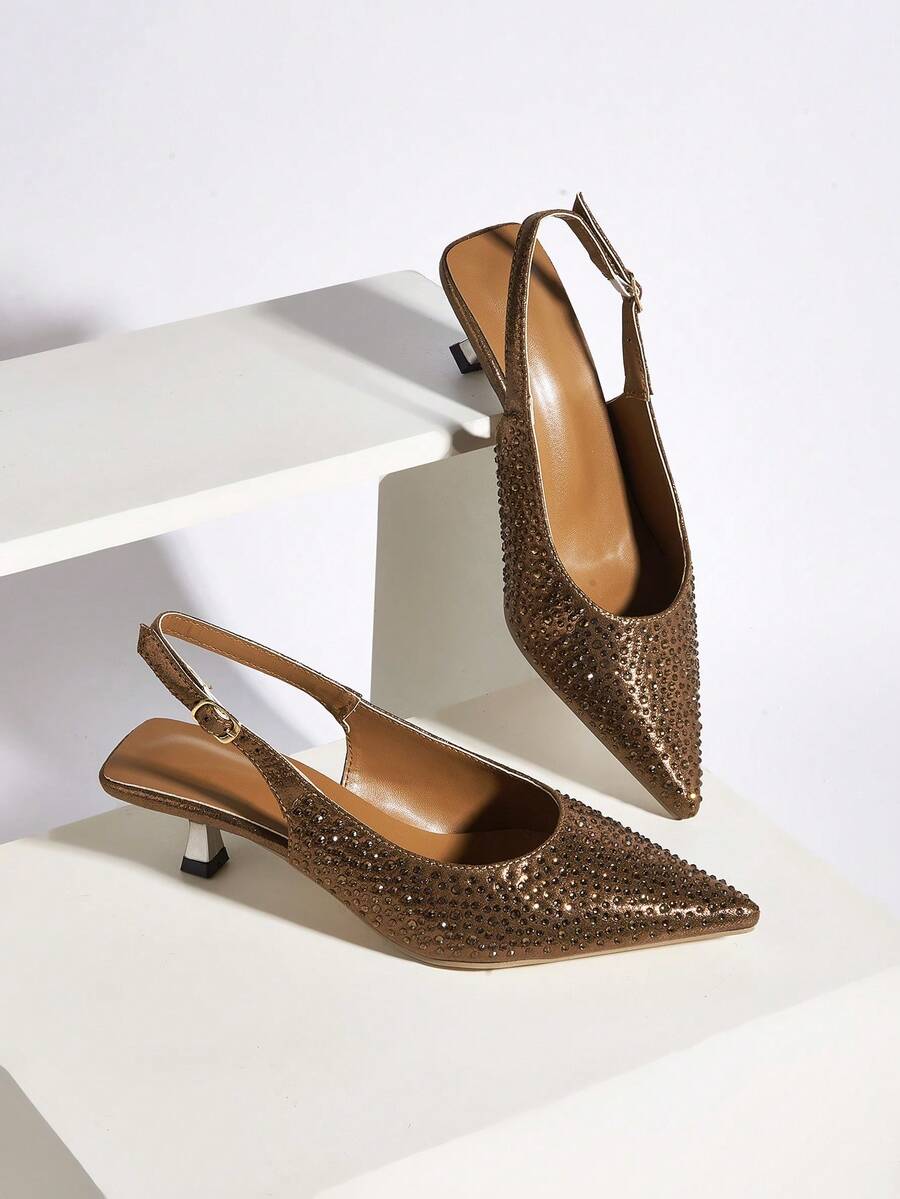 女士水钻装饰猫咪金属跟尖头套脚穆勒凉鞋，闪亮材质，时尚优雅，适合派对和正式场合穿着，低跟 - 棕色 - 查看 1