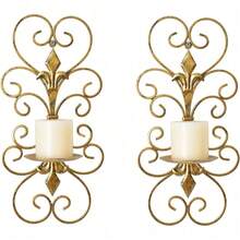 Set Of 2 Wall Sconces Candle Holders Metal Wall Decoration Hanging Wall Mounted Candle Sconces For Home Decor Bedroom Dining Room, Antique Gold - 古董金 - 查看 1