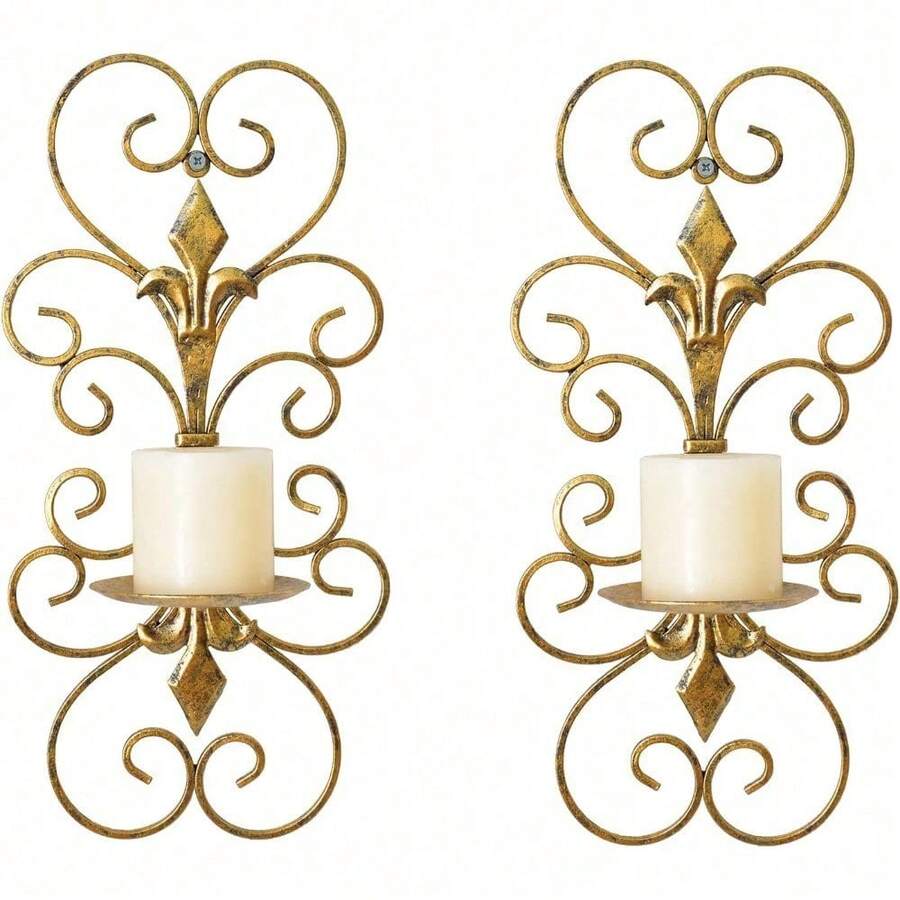Set Of 2 Wall Sconces Candle Holders Metal Wall Decoration Hanging Wall Mounted Candle Sconces For Home Decor Bedroom Dining Room, Antique Gold - 古董金 - 查看 1