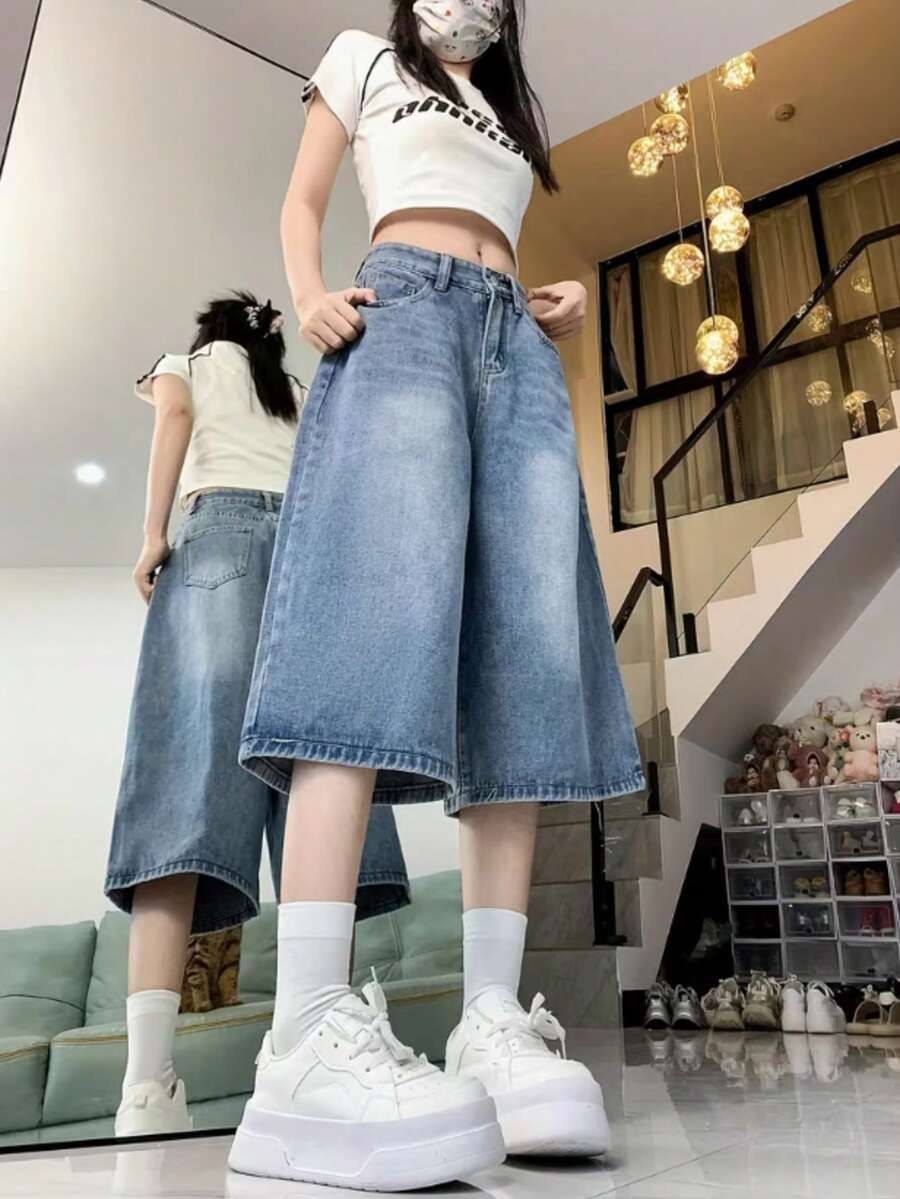 夏季复古美式高街宽松直筒七分牛仔裤，无弹力面料，高腰设计 - 中等水洗藍 - 查看 1