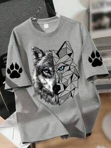 Teenage Boys' Casual Minimalist Wolf Head Print Round Neck Short Sleeve T-Shirt, Suitable For Outdoor Sports And Activities, An Ideal Choice For Spring And Summer Wear. - Grey - View 8