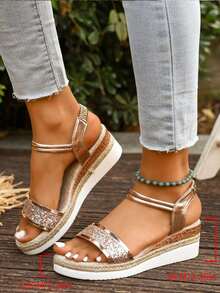 Women's Fashionable Summer Casual Vacation Style Rope Woven Sole Round Toe Peep Toe Platform Wedge Slip-On Comfortable Solid Color Versatile Indoor Outdoor Beach Sandals - 金色 - 查看 9