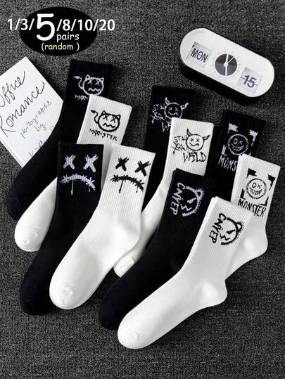 1/3/5/8/10/20 Pairs Random Ghost Face Versatile Mid-Calf Socks, Multi-Pack, All Seasons, Fall